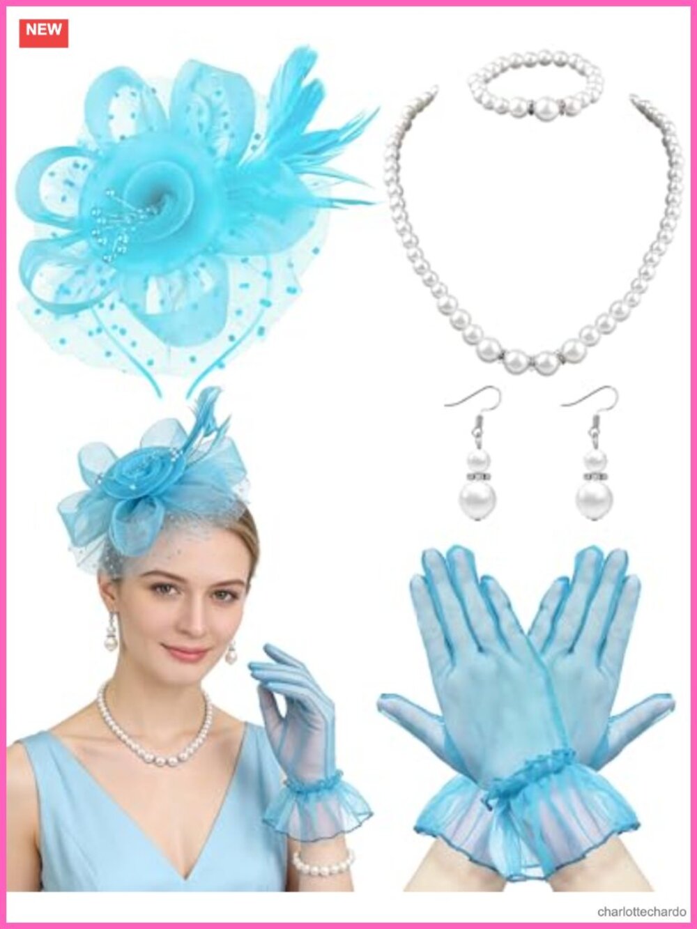 5Pc Fascinator Hat Set Lace Mesh Gloves Earrings Tea Party Veil Headband